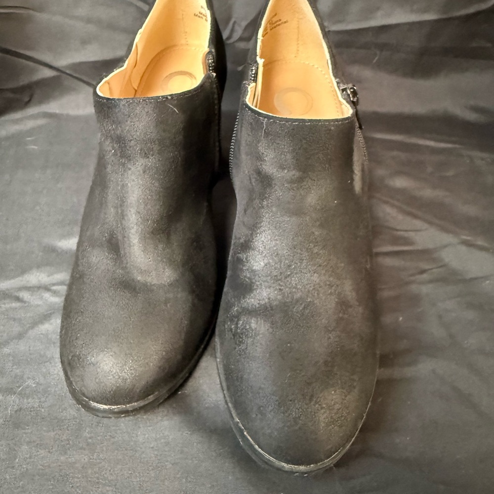 Worn once. Women's Black Suede Ankle Booties with Low Heel